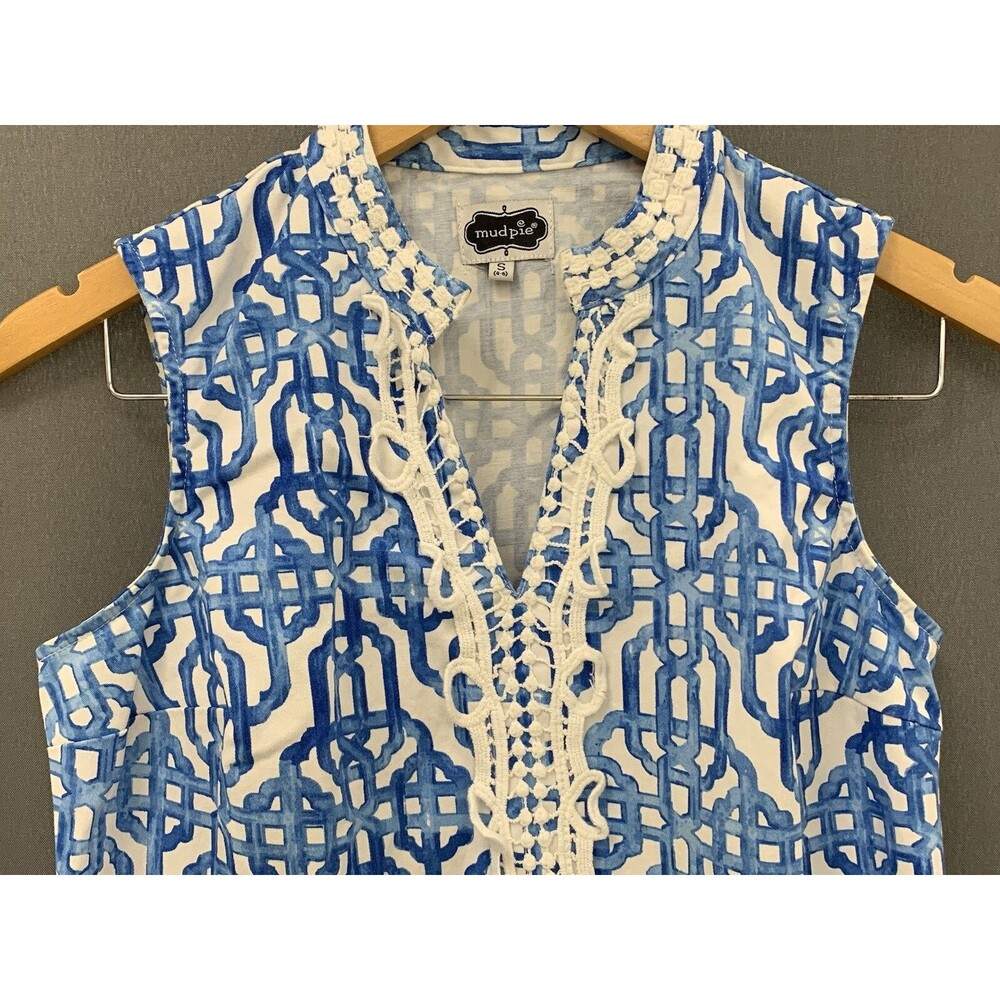 Mud Pie Kate Cotton Crochet Shift Dress Sz S Blue White Painterly Lattice Resort - Picture 10 of 15